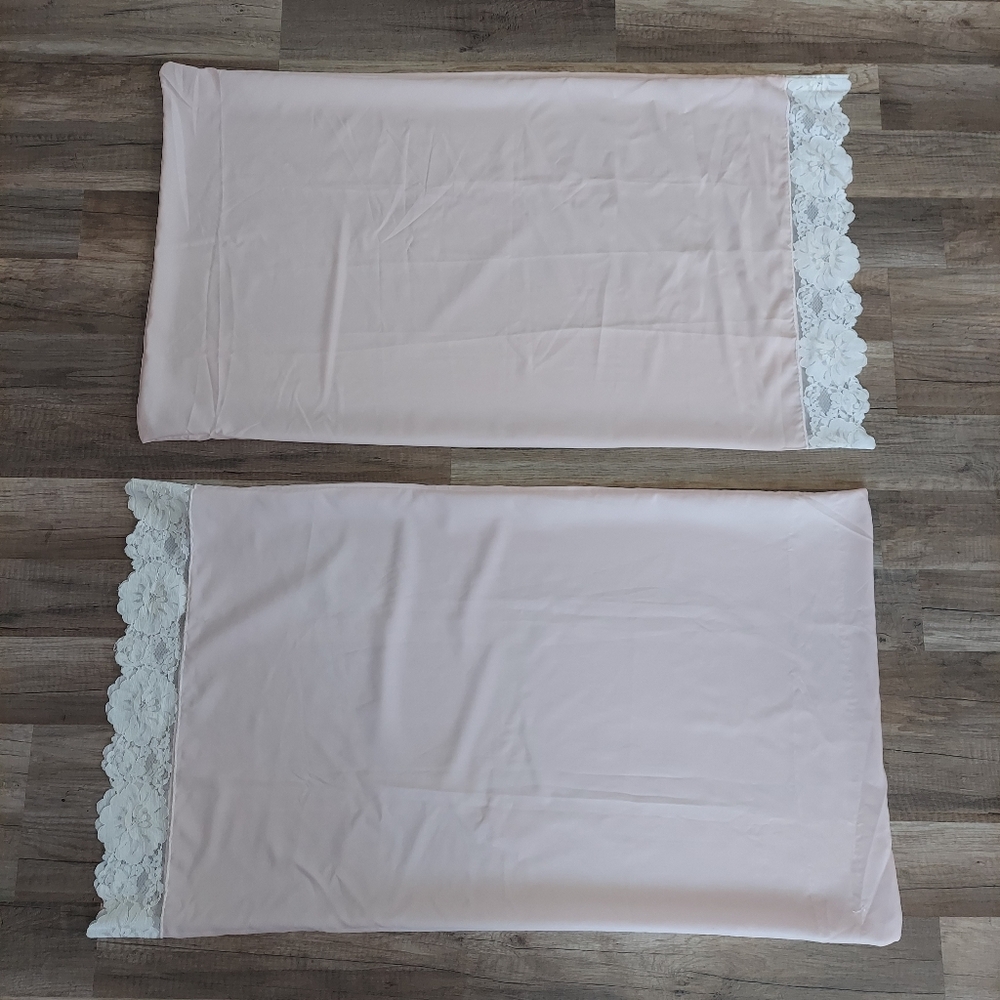Pink Vintage Nylon Pillowcases W/ Lace Edge